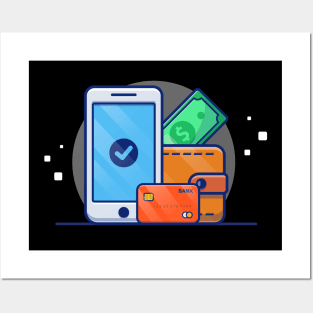 Hand Phone, Wallet, Bank Card And Money Cartoon Posters and Art